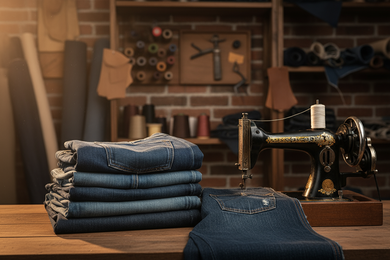 Hero banner pulito con jeans e macchina da cucire